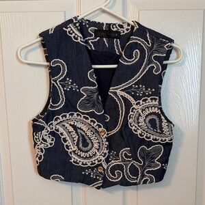 Zara Dark Blue Denim and White Paisley Vest